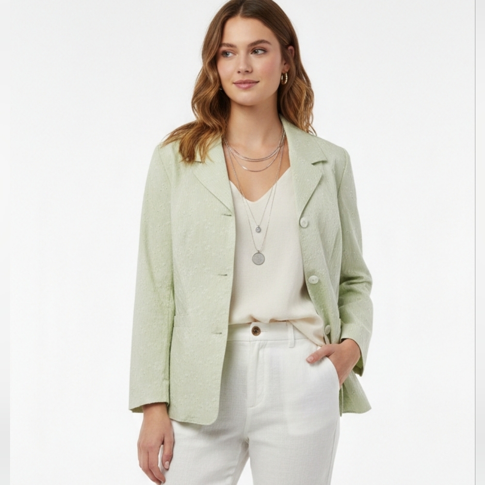 Denim & Co. Green Striped Seersucker Blazer Floral Embroidered Boho Preppy M